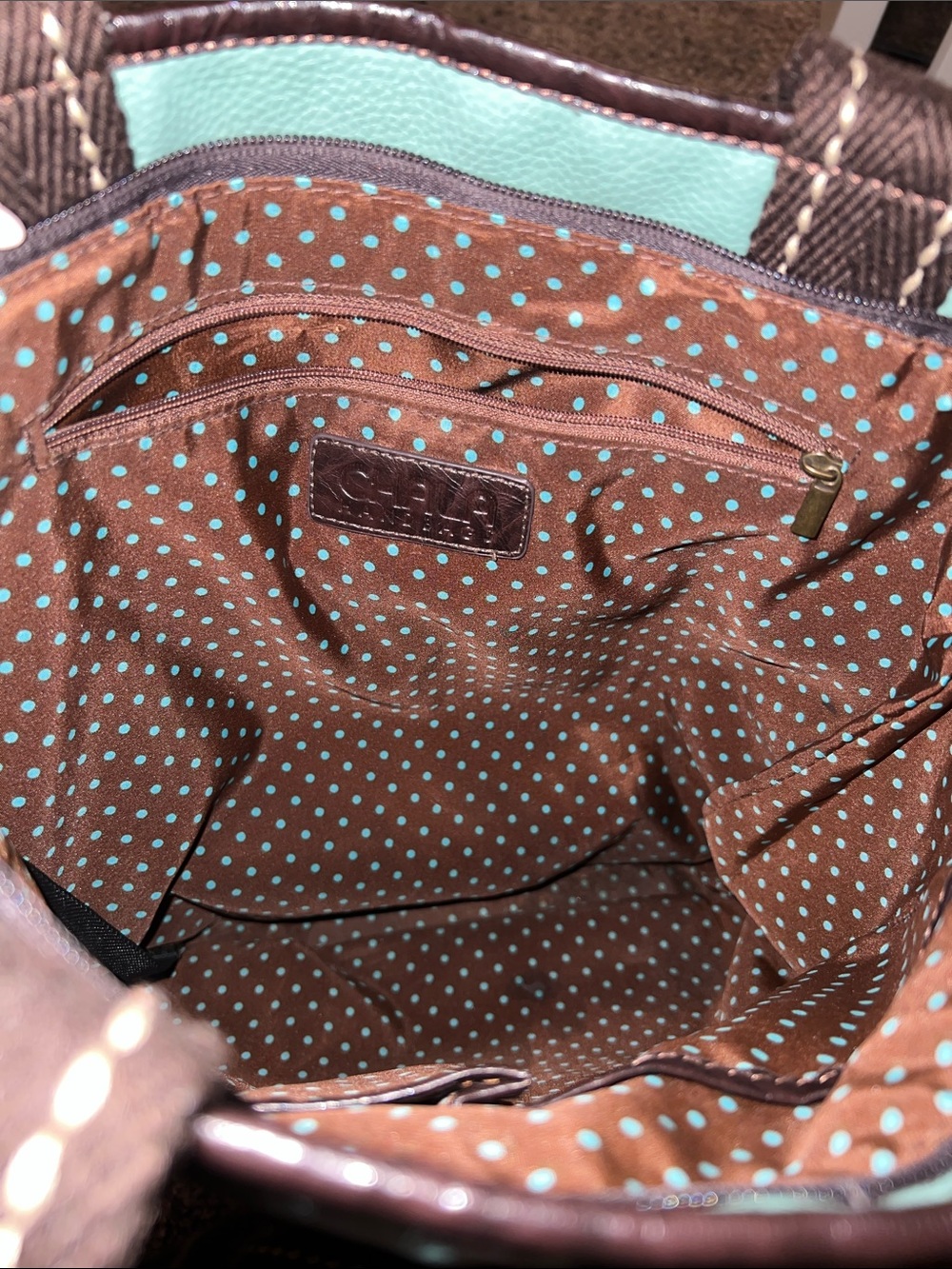 Chala- Turquoise Tote with Polka Dot Lining - Picture 9 of 11